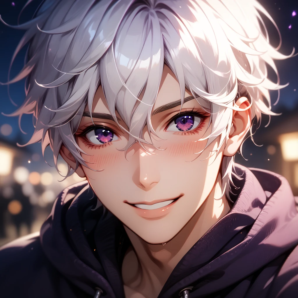 (Masterpiece), best quality, highest quality, highly detailed CG unity 8k wallpaper, original, high resolution, (depth of field: 1.5), fidelity: 1.3, Solo Male, short white hair between eyes, intense purple eyes, dark purple eyes, cute, small smile, slight blush, purple hoodie, night time, 