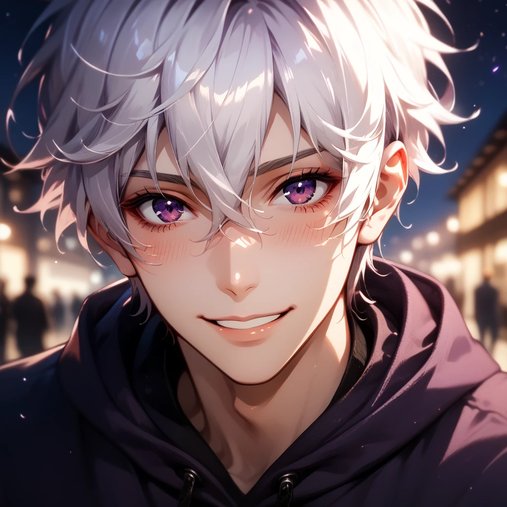 (Masterpiece), best quality, highest quality, highly detailed CG unity 8k wallpaper, original, high resolution, (depth of field: 1.5), fidelity: 1.3, Solo Male, short white hair between eyes, intense purple eyes, dark purple eyes, cute, small smile, slight blush, purple hoodie, night time, 