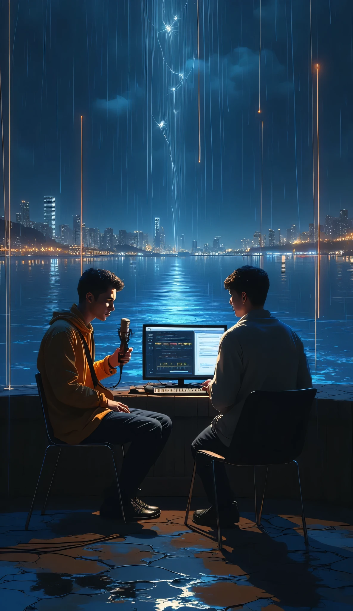 The singer holds the mic in the rain and another friend is recording the sound, looking at the computer screen while performing a sound tuning gesture. ,. There are lines of light drawn with light passing through a variety of cool colors around them, the atmosphere is a river and there is a city with illuminated lights, which is the opposite side of them both.