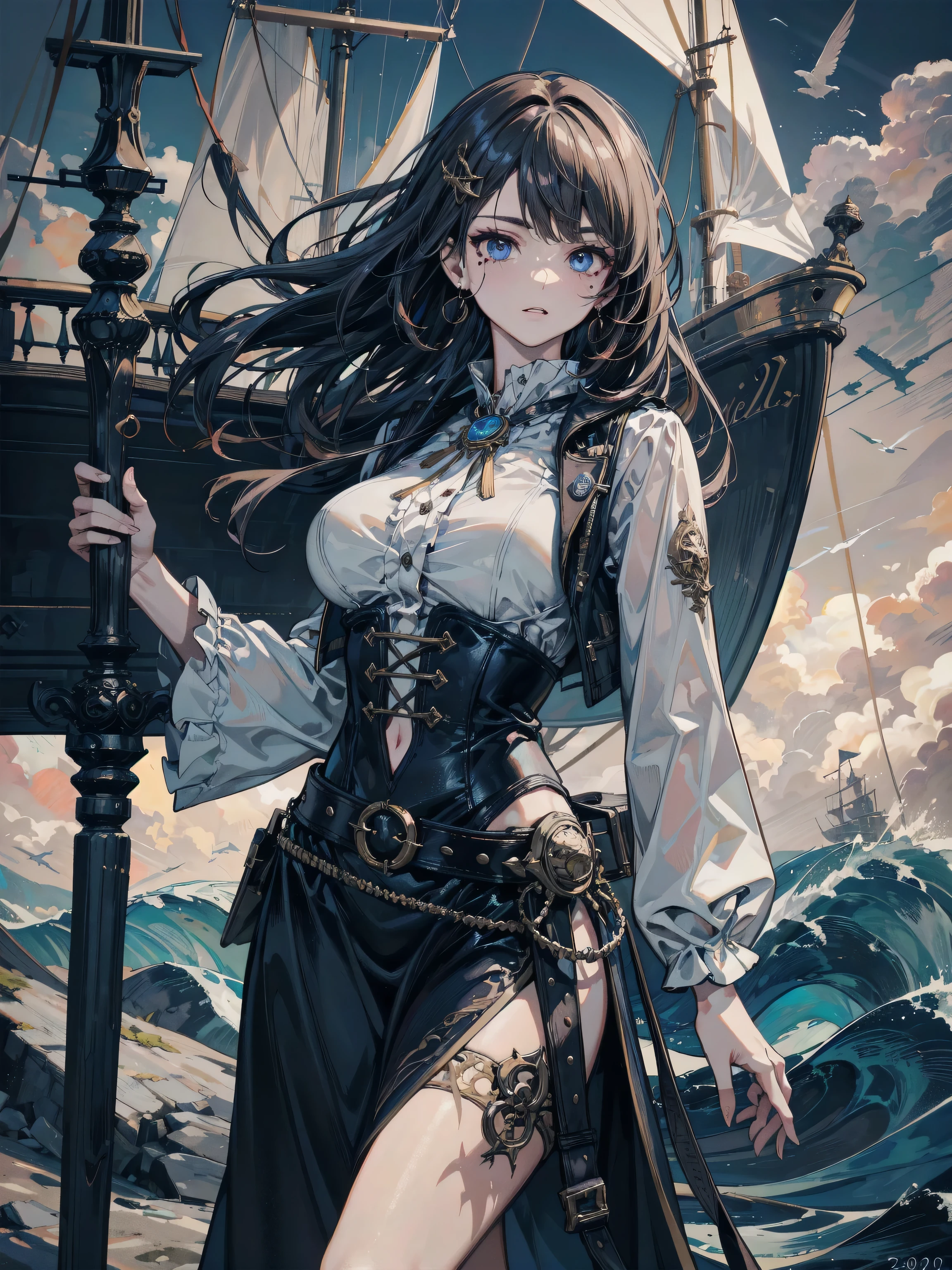 Dramatic lighting, high-quality film stills (charming Anne Bonnie, wearing dirty tattered pirate clothes, standing on the deck of a pirate ship moored in a Caribbean port), dirty, dark atmosphere, toned body, (torn clothes: 0.8), perfect face looking at the audience, [fine skin], [freckles], (dirty), (muddy), (storm cloud: 0.7), (storm weather: 0.5), dim natural light, (Direct light: 0.4), 8mm film grain, shot with Sony a9 II, 24mm lens, f/2.8 aperture, deep focus, (RAW), 8K, (stills from the lost pirate kingdom) (suitable pose)