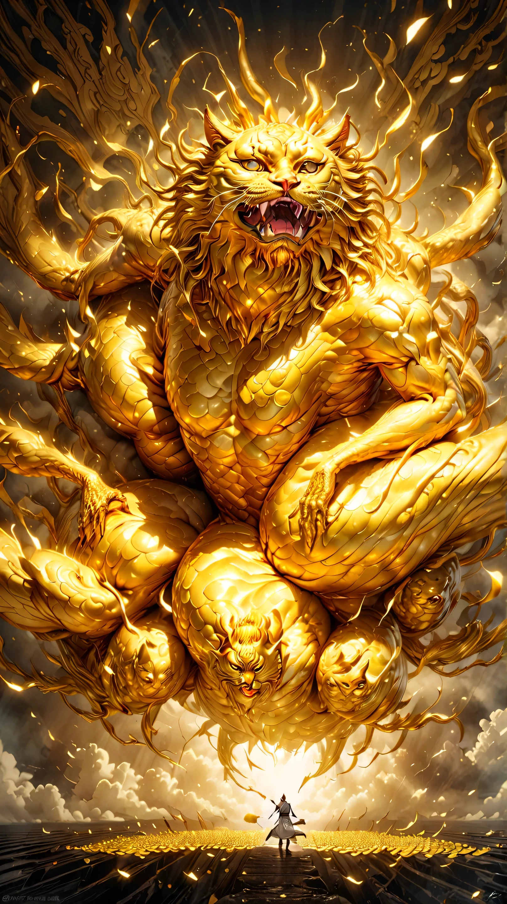 photorealistic , 8k, giant golden cat god taller than clouds、They have many arms、 gold coins with many arms fall in large quantities