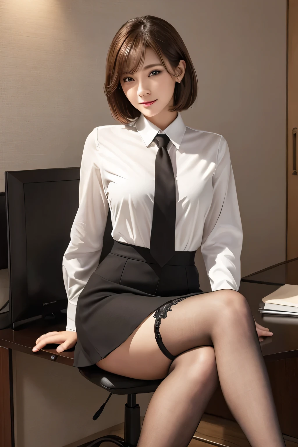 ((highest quality)), ((masterpiece)), (detailed), Perfect Face、A beautiful young woman with short hair, large breasts and long legs is working in an office wearing a black miniskirt and a white blouse、Her nipples are visible through her blouse、Wearing beige pantyhose