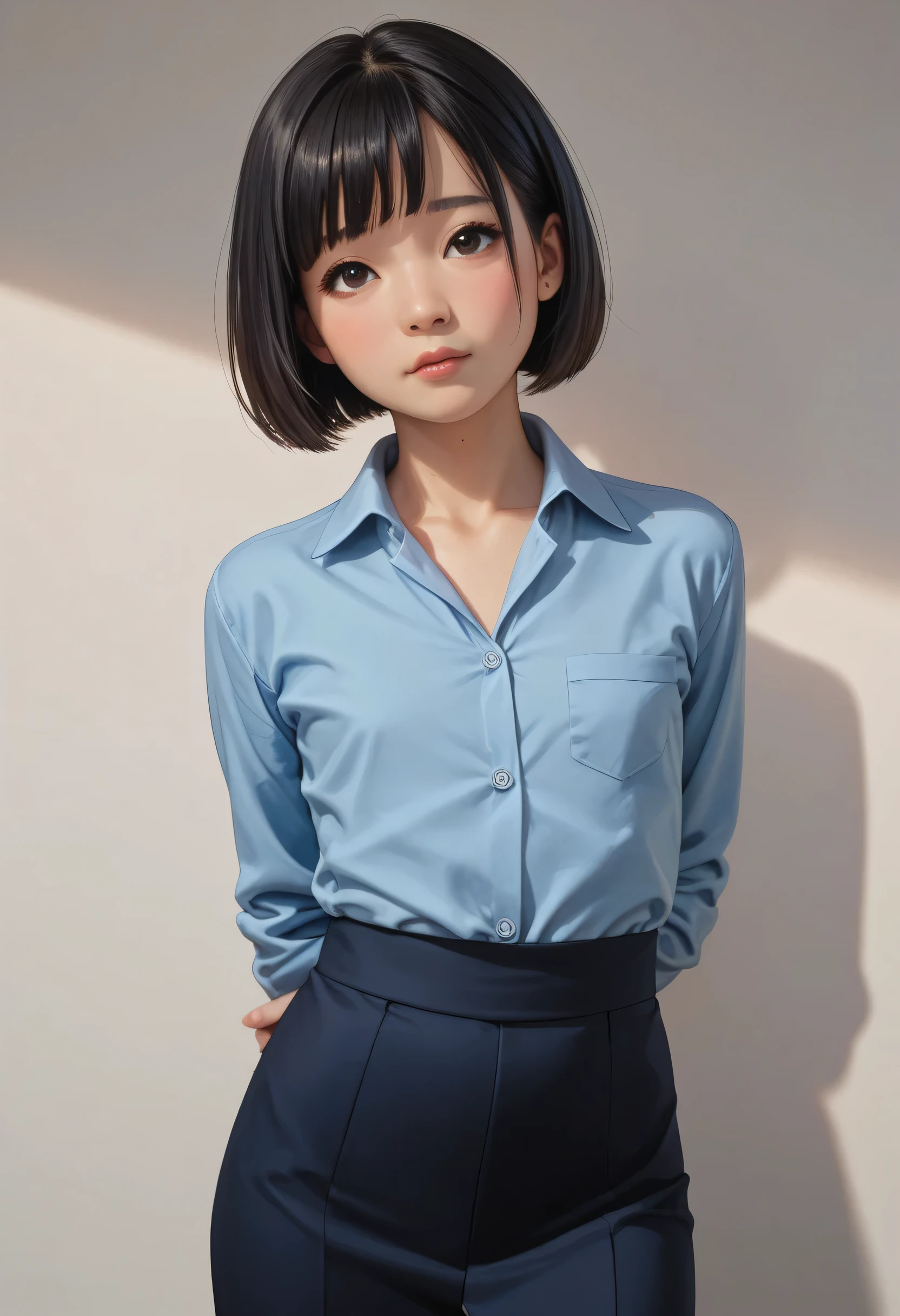 score_9, score_8_up, score_7_up, gemma chan, cute asian woman, small_tiny_flatchest, business suit,facing viewer, blu shirt, black hair bob cut, facing viewer, hands behind back, very shy
