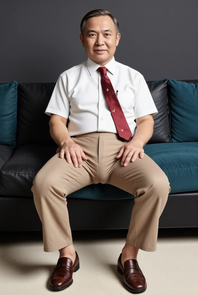 raw 4k photo, full body view, a 78 year japanese old mature man, looking straight at viewer, medium build body, slight fat, short thinning hair, gray/black hair, wearing silver framming glasses, clean shaven, wearing white shirt and tie, a hugging tight dark beige colour trousers, brown loafer shoe, sat on a big black leather sofa in his modern architecture livingroom, Dark gray colour wall background, face looking straight at viewer, spread legs wide open, showing his small bulge, highly detailed bulge, large testicles print outline, highly detailed bulge with penis print outline, sat on a big turqoise colour sofa in his modern architecture livingroom, face looking straight at viewer, spread legs wide open, showing his small bulge, highly detailed bulge with large scortum print outline and highly detailed bulge with penis print outline, shp highly detailed, exceptional realism, bright lighting, hyper realistic,, highly detailed, exceptional realism, highly detailed, hyper realistic 