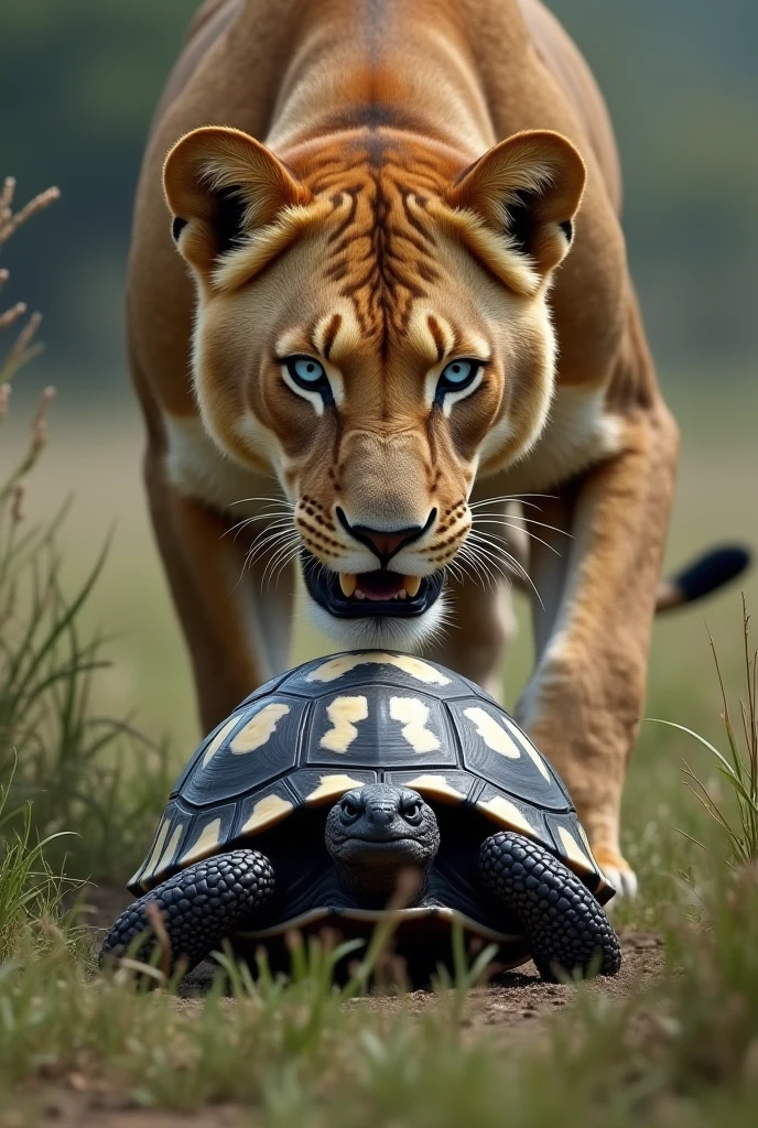 A fierce hyena stands in a dry, dusty savannah, its eyes locked onto a tortoise. The tortoise, though armored with a tough, weathered shell, is no match for the hyena's powerful jaws. With a savage bite, the hyena cracks the tortoise's shell, splintering the hard surface with a sickening crunch and bite the tortoise hold between two jaws. Blood seeps from the jagged edges, staining the ground as the hyena pries open the shell further, revealing the soft flesh within. The scene is brutal and raw, a stark reminder of the unforgiving nature of the wild.