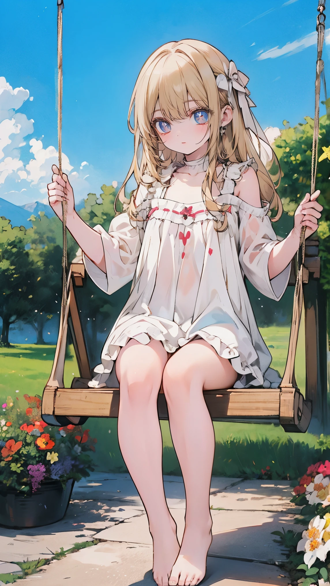 proportional body, realistic fingers, natural facial features,anatomically accurate,High Quality,Amazing Details,ultra high resolution,(realism:1.4),best illustration,(full body image from head to toe:1.2),Amazing details, 8k photos, Hyper realism, Professional Light, Realistic Background, Visual depth, Background blur, Wide-angle lens,(cute flat chest), 1 girl,colored eyes,blonde long hair, (cute ta fashion),cute porch, (Swaying on a swing decorated with flowers:1.2)