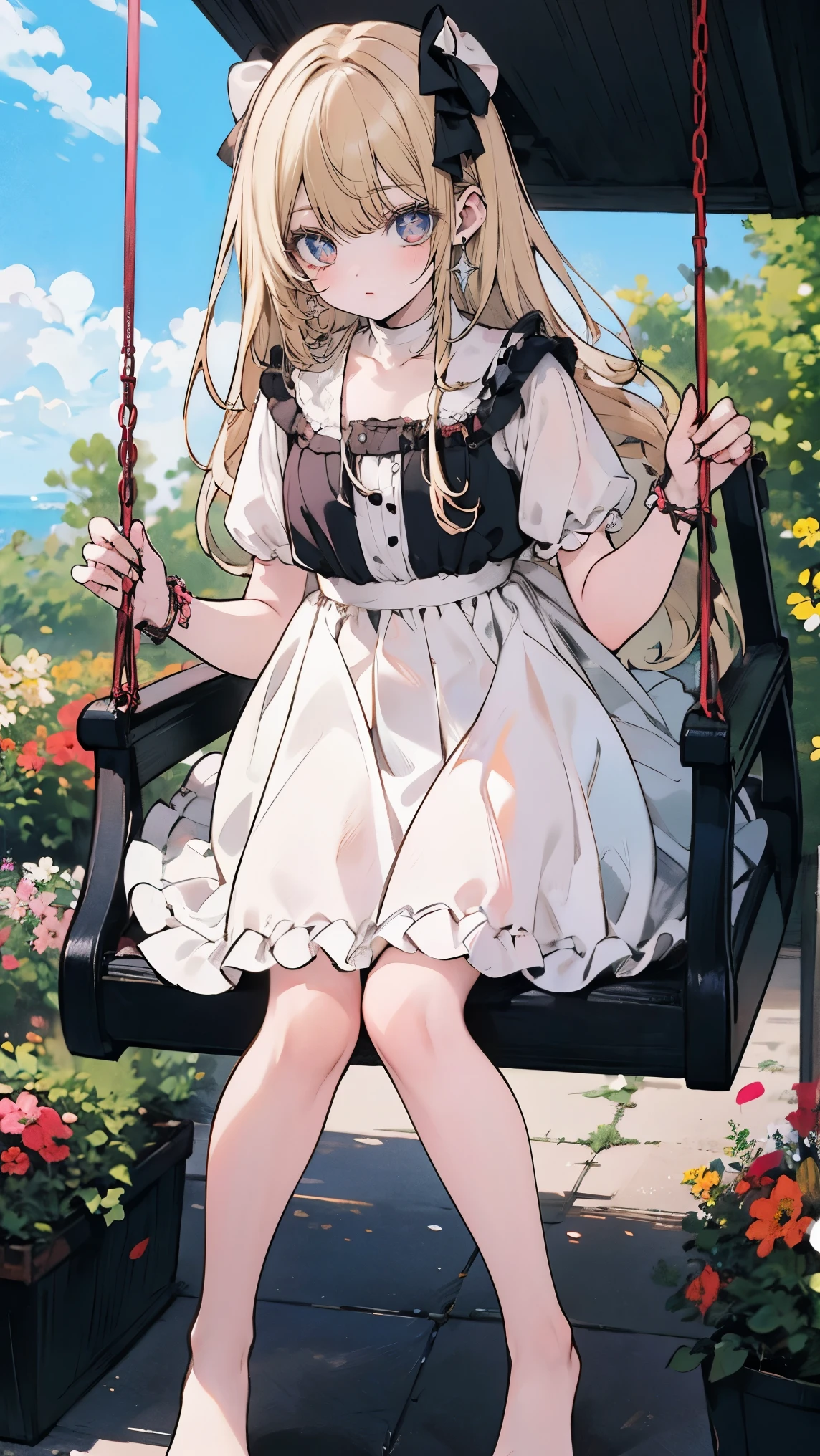proportional body, realistic fingers, natural facial features,anatomically accurate,High Quality,Amazing Details,ultra high resolution,(realism:1.4),best illustration,(full body image from head to toe:1.2),Amazing details, 8k photos, Hyper realism, Professional Light, Realistic Background, Visual depth, Background blur, Wide-angle lens,(cute flat chest), 1 girl,colored eyes,blonde long hair, (cute lolita fashion),cute porch, (Swaying on a swing decorated with flowers:1.2)