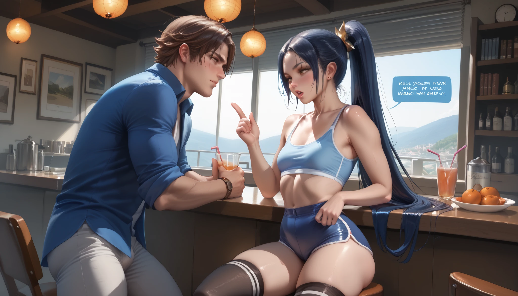 just talking , at a distance ,  conversation , Dialogue, friends ,  stand against each other, in clothes,  girl with small breasts , two characters. man and girl, talks to a man against her,  Better quality , pure quality ,  High quality , 4K, 8k,  brown eyes,  dark blue hair  , hairstyle " ponytail ",  girl with small breasts ,  brown eyes,  The main character ,  long hair,  smiles,