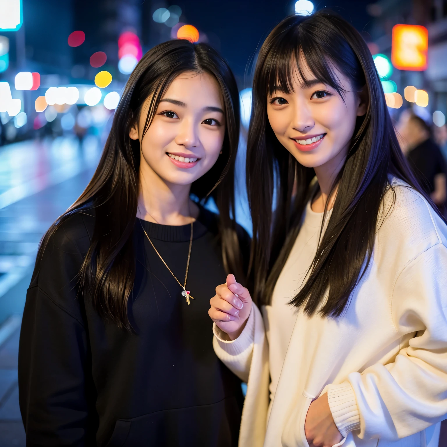 Best quality, high resolution, 8K, two girls, Japanese, hugging, best smile, street fashion, beautiful woman, pretty face, cute face, two cute people, Tokyo cityscape