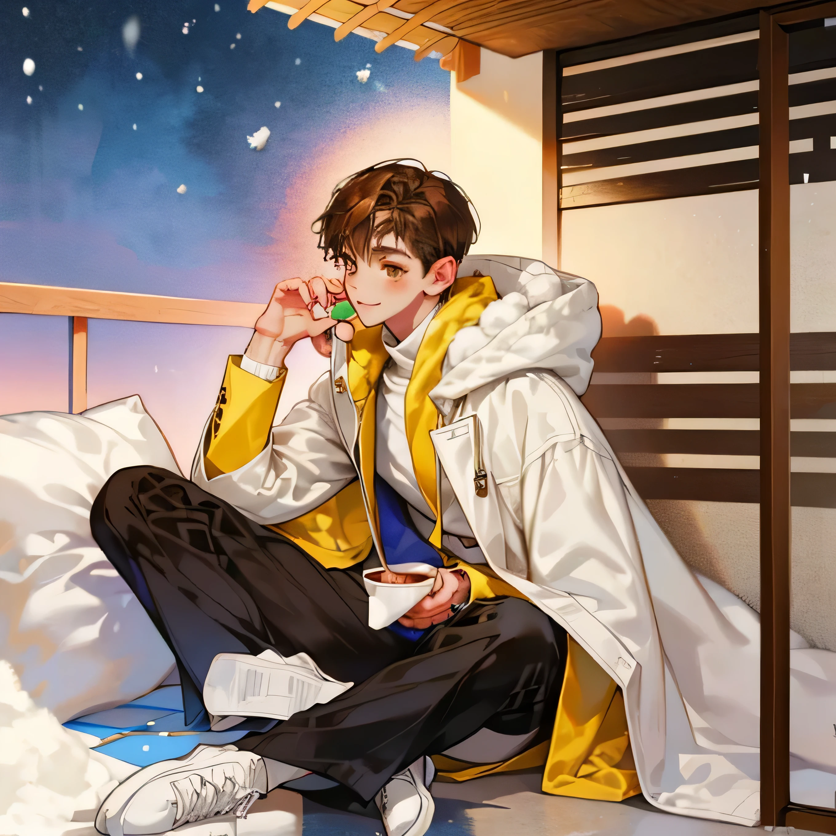 I want you to imagine a ((boy/ boy)), (( brown hair )), ((short and full hair)), (( light brown eyes)), ((golden skin/yellowish)), This time, with cold clothes, and snow around him . Put on a cute hat , a welcoming smile , a warm fleece coat , pants, tennis, all the clothes in shades of blue , white and light , to give subtlety to the scene and a soft air . Do it holding a mug of hot chocolate. ((half body)). ((sitting)). ((A cozy scene )), ((five fingers)), ((aligned face)), (( perfect anatomy )), (( high definition )), ((Necessary)), ((holding the mug of hot chocolate)), ((na neve)).