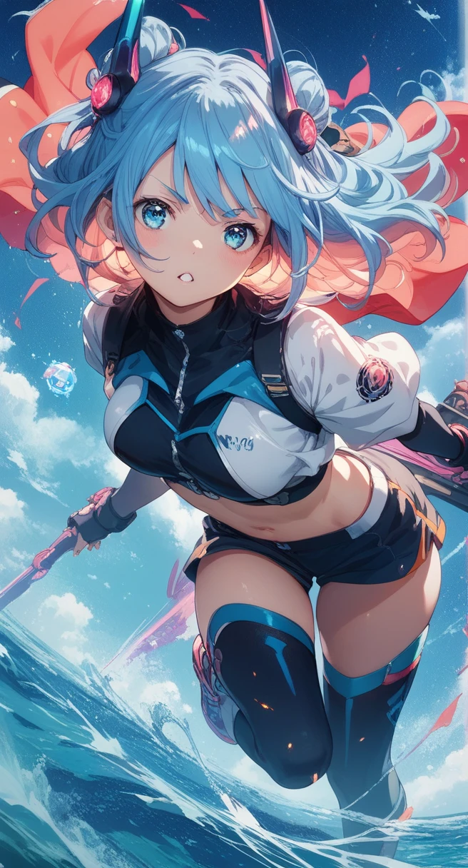 (best quality), (high detailed), (perfect body), (perfect face), one girl, Asian, smile, blue color hair, long hair, ponytail, blue eyes, small breasts, blue long-sleeve hoodie, black belt, white scarf, black shorts, white socks, blue trainers, smoke around the body, explosion background, no cloth strip on background, pistols, dynamic pose