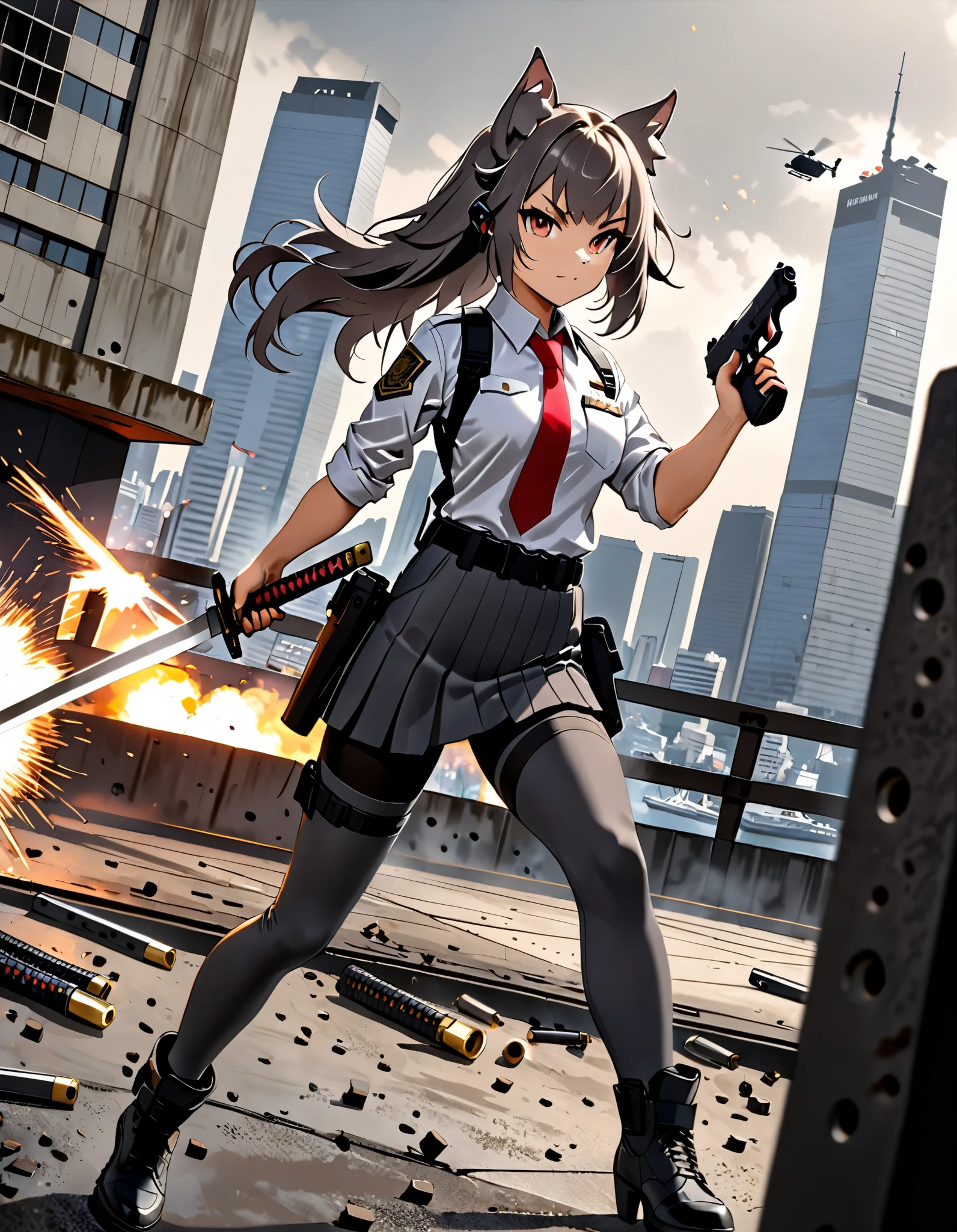 masterpiece, best quality, high res, 4k, 8k, solo focus, 1girl, female samurai, Japanese military officer, (catgirl:1.2, furry ears:1.2), college-aged female, long hair, back hair, hair ornament, white-collared shirt, red necktie, shoulder holster, pleated skirt, side slit, (full dark grey leggings:1.4), (biker boots, high heels), (duel welding katana sword in one hand and a glock22 pistol with another:1.4), aggressive battle stance, Tokyo skyline, wharf, a military helicopter hovering above, concrete ground riddled with bullet holes, dutch angle, intense atmosphere, intense expressive. action shot.