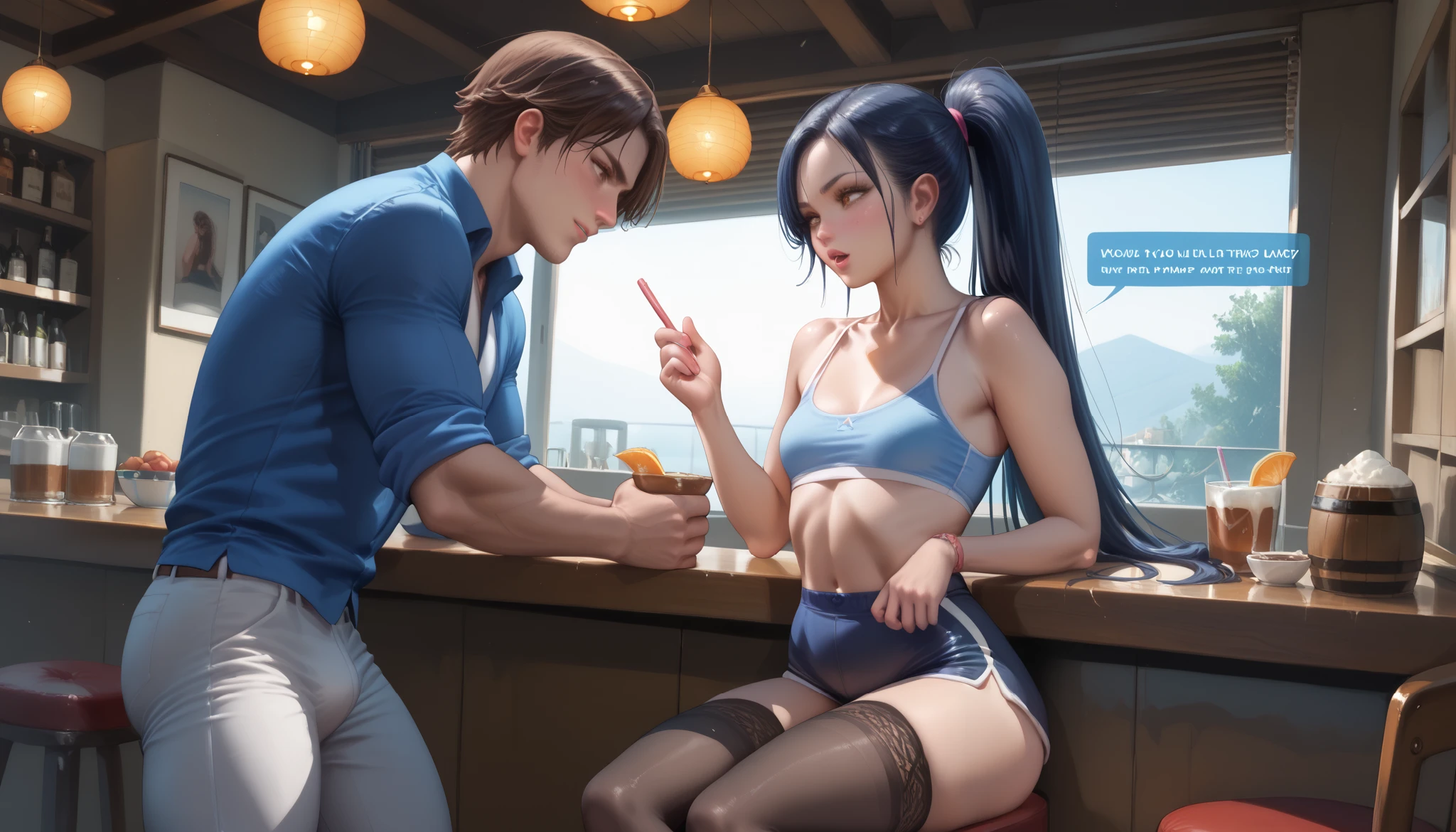 just talking , at a distance , conversation , Dialogue, friends , stand against each other, in clothes, girl with small breasts , two characters. man and girl, talks to a man against her, Better quality , pure quality , High quality , 4K, 8k, brown eyes, dark blue hair , hairstyle " ponytail ", girl with small breasts , brown eyes, The main character , long hair, smiles,