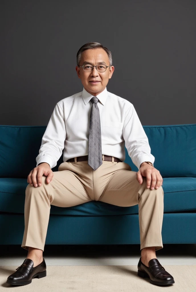 raw 4k photo, full body view, a 78 year japanese old mature man, looking straight at viewer, medium build body, slight fat, short thinning hair, gray/black hair, wearing silver framming glasses, clean shaven, wearing white shirt and tie, a hugging tight dark beige colour trousers, brown loafer shoe, sat on a big black leather sofa in his modern architecture livingroom, Dark gray colour wall background, face looking straight at viewer, spread legs wide open, showing his small bulge, highly detailed bulge, large testicles print outline, highly detailed bulge with penis print outline, sat on a big turqoise colour sofa in his modern architecture livingroom, face looking straight at viewer, spread legs wide open, showing his small bulge, highly detailed bulge with large scortum print outline and highly detailed bulge with penis print outline, shp highly detailed, exceptional realism, bright lighting, hyper realistic,, highly detailed, exceptional realism, highly detailed, hyper realistic 