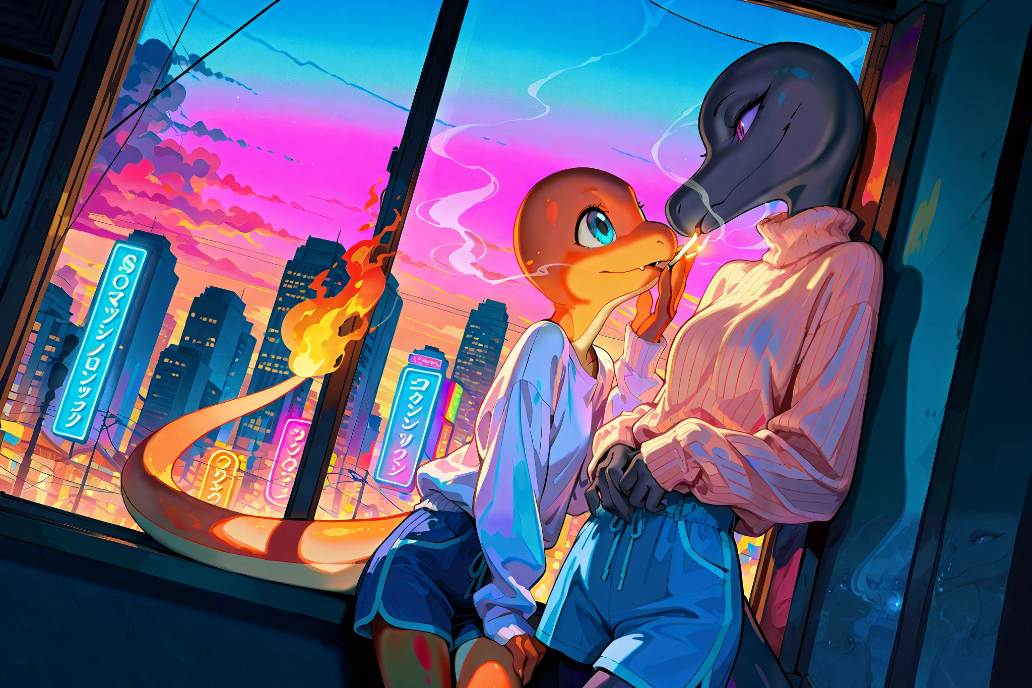 (duo, anthro females), illustration, design, salazzle lays on a window while smoking a cigarette and lighting up charmander's cigarette, (breathing out smoke), (glowing cigarette), close to each other, sensual; [salazzle="salazzle:1.5, slim, shoulderless shirt with salazzle's colors, casual shorts"],[charmander=" charmander:1.5, slim and smaller, long arms_sweater with charmander's colors, blue shorts"]; both are inside and overlooking out a window the big city_scenario, evening, (wide and dutch angle); high detailed eyes, eyes reflection, neon light, high detailed, best quality, masterpiece, breathtaking, perfect scale's texture, perfect tail, smoke in the air, colorful, very aesthetic, cinematic light, soft atmosphere, dynamic, 