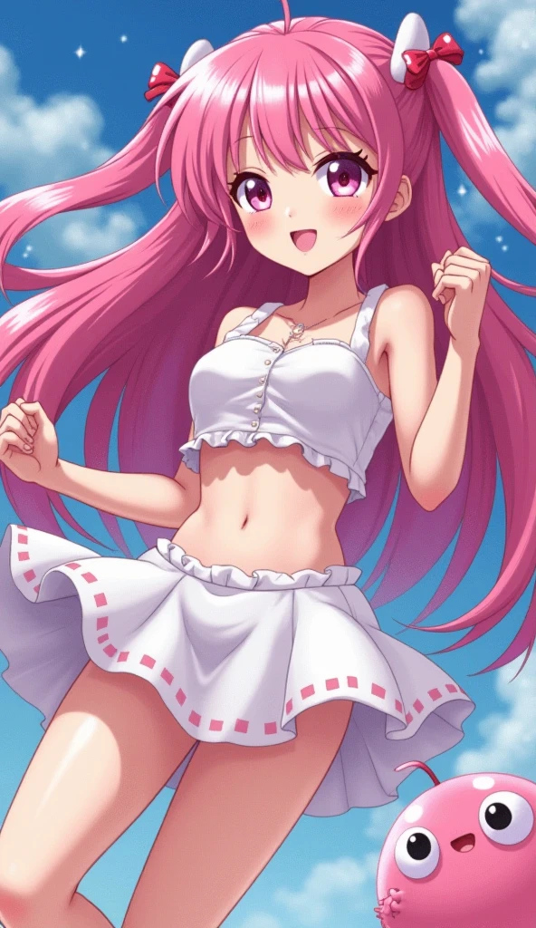 lacus4, (pink frilled panties, no pants, long flowing golden hair, contented smile, fresh and youthful face, sparkling eyes full of innocence and curiosity, confident posture with hands on hips, standing proudly in front of the school gate, cameltoe, masterpiece, 4K, Best Quality, Anime style: 1.9, happy, Female Protagonist, (ultra detailed head), (school gate, blue sky background), Drawing lines, high resolution, lacus4), 1girl, Solo, (curvy figure, no pants), Long hair, (scapular, clavicle), (Detailed wavy hair, Hair