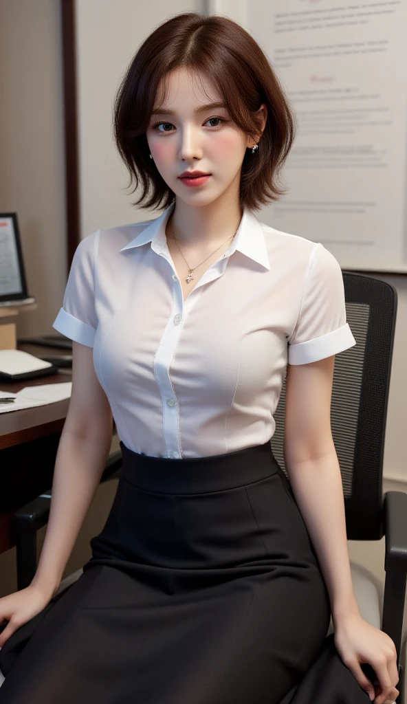 An office lady , sitting on a table , Facing front,  wearing a white short-sleeved formal shirt,  using a long fishtail skirt to the toe of the black color, underwearless,  using a cross necklace 