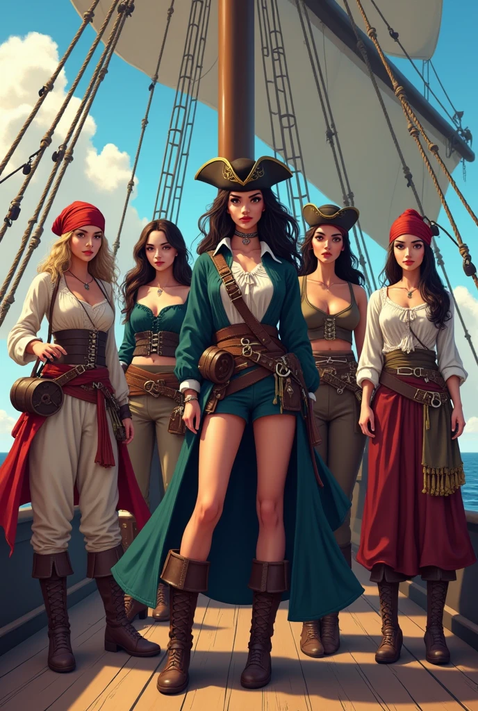 three female pirates, one red head, one blonde, and one brunette, 18th century, on deck of pirate