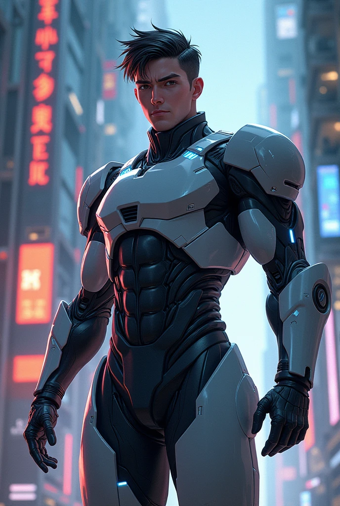 masterpiece, best quality, 1 male, adult, handsome, tall muscular guy, broad shoulders, finely detailed eyes and detailed face, extremely detailed CG unity 8k wallpaper, intricate details, Cyberpunk, motorcycle, goggles, holographic, black jacket, intense run, speed, night city, neon sign, skyscraper, depth of field