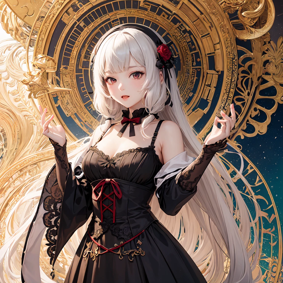 quality,8k,Highly detailed CG unit, masterpiece,High resolution,top-quality, real texture skin,surreal,Increase the resolution,RAW Photos,highest quality,Very detailed,From below,Cool Beauty,Glamour Women, Cool pose,Gothic Lolita,A skirt full of frills,Red accent embroidery,long hair shining white, Mysteriously glowing crimson eyes, Queen, world, Crystal Flower,Sparkling stained glass like a kaleidoscope,Majestic cathedral,Layered skirt with details, Detailed embroidery, Very layered ruffles, Detailed Texture,A geometric magic circle above your head,Ornamented silver walking stick,The hidden forbidden sanctuary,