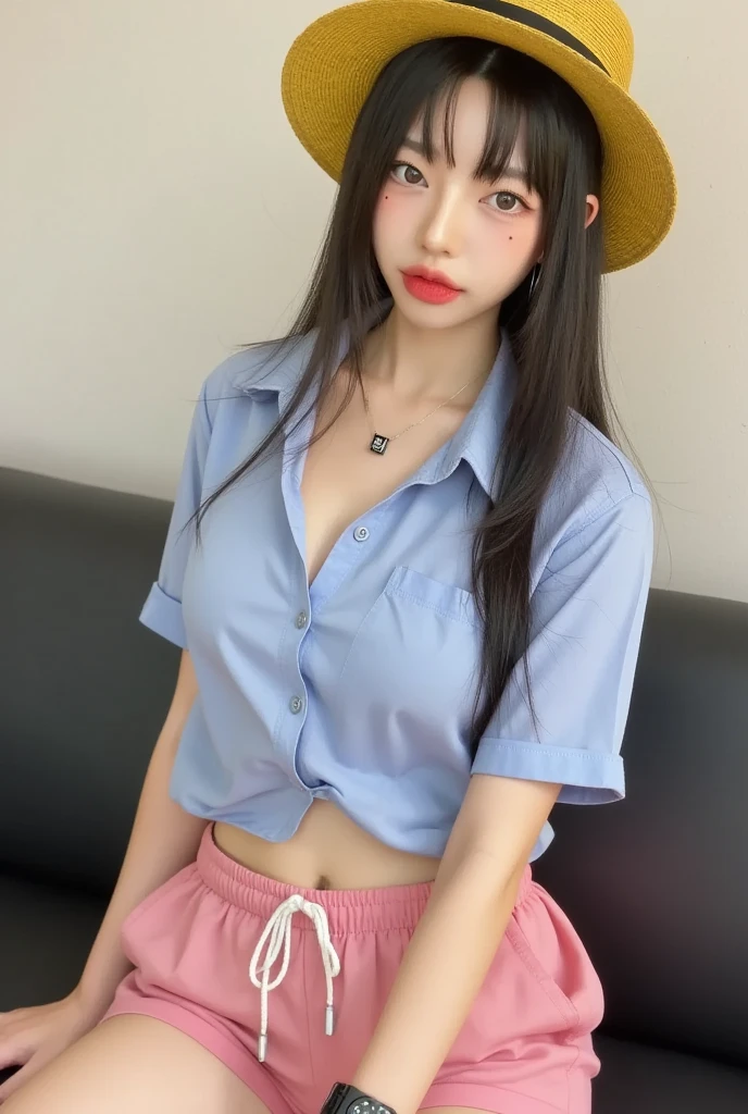 masutepiece, High quality, Best Quality, High resolution, 4K, High Definition, Beautiful lighting, Highly detailed face, well designed hands, well designed legs, well-drawn feet, well-drawn eyes, 1girl in, Gray hair, Brown eyes, medium breasts, Big ass, White shirt, Wet shirt, Visible bra, Pink, Blue pleated skirt, Peeing, discharge of menstrual blood,, crouched in the bathroom, (((frombelow))),  (((menstruating woman)))), ((((((Selfie without pants