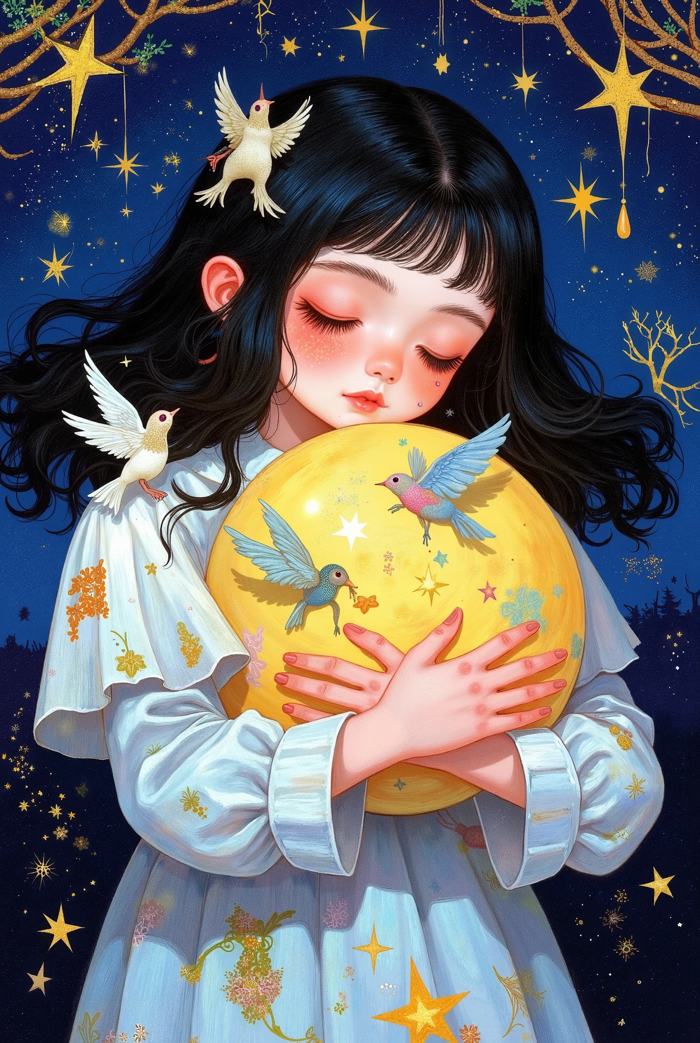 一个天使抱着一个moon的特写镜头, Star,moon, Exquisite Digital Art, 可爱的数字艺术, Lovely art style, Cute digital painting , Realistic cute girl drawing, beautifully illustrated , exquisite painting style , Dream across the sky , 可爱的细节艺术品 , 软萌动漫插画, author:Li Song, author:J, Beautiful digital illustrations