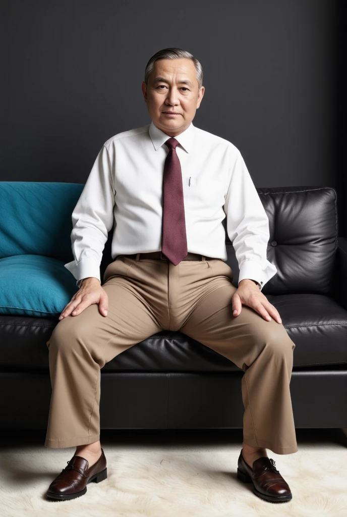 raw 4k photo, full body view, a 78 year japanese old mature man, looking straight at viewer, medium build body, slight fat, short thinning hair, gray/black hair, wearing silver framming glasses, clean shaven, wearing white shirt and tie, a hugging tight dark beige colour trousers, brown loafer shoe, sat on a big black leather sofa in his modern architecture livingroom, Dark gray colour wall background, face looking straight at viewer, spread legs wide open, showing his small bulge, highly detailed bulge, large testicles print outline, highly detailed bulge with penis print outline, sat on a big turqoise colour sofa in his modern architecture livingroom, face looking straight at viewer, spread legs wide open, showing his small bulge, highly detailed bulge with large scortum print outline and highly detailed bulge with penis print outline, shp highly detailed, exceptional realism, bright lighting, hyper realistic,, highly detailed, exceptional realism, highly detailed, hyper realistic 