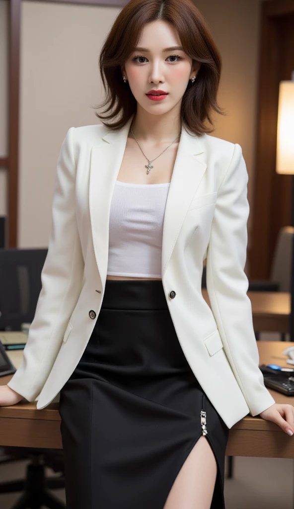 An office lady , sitting on a table , Facing front,  using a strict formal blazer of white, unbuttoned blazer, do not use a shirt ,  using a long fishtail model skirt to the toe of a black color, underwearless,  using a cross necklace 