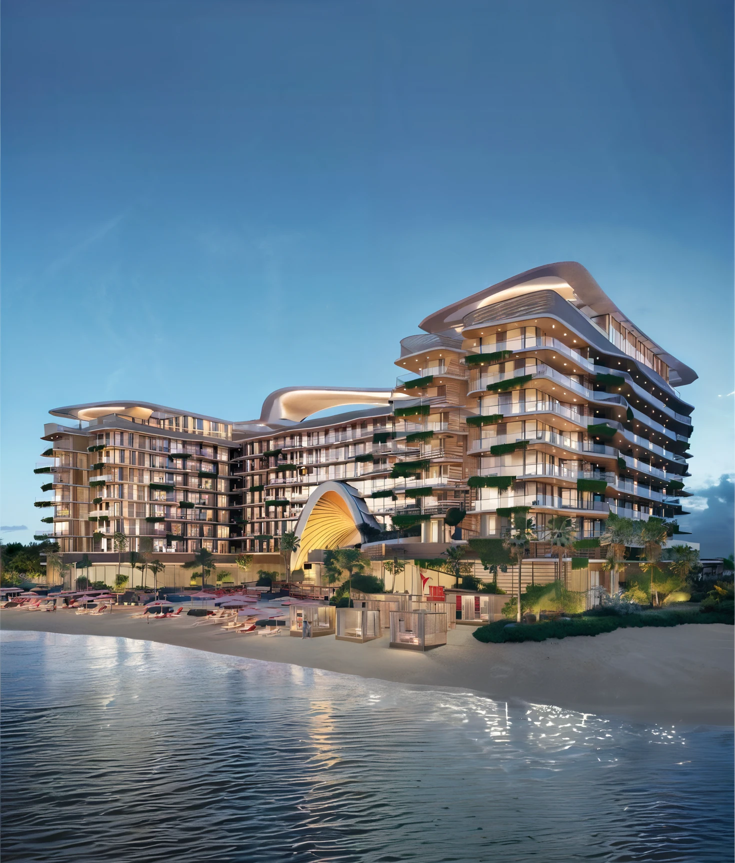 (((Create a building has 7 storeys,Modent style luxury condotel))), seaview, (white structure) coconut trees, in the beach city, (beachfront), sea, seaview, clear sky, day time, warm lighting RAW Photo, RAW texture, Super Realistic, 32K UHD, DSLR, high quality, film rating, Fujifilm XT3, CTAI, a picturesque beach condotel building nestled in the middle of a long stretch of white sand. The setting exudes a sense of tranquility and natural beauty, with the combination of the pristine beach setting creating a striking visual contrast. The building appears to offer luxurious accommodation and amenities, catering to those seeking a relaxing and rejuvenating getaway in a stunning natural setting,The golden-hour sunlight bathes the facades of the buildings, creating soft reflections on the glass balconies. The roofs of both structures are landscaped with greenery, enhancing the harmony between nature and modern architecture. The perspective captures the ocean-facing view from the buildings, with the wide sandy beach and the tranquil ocean extending out,
