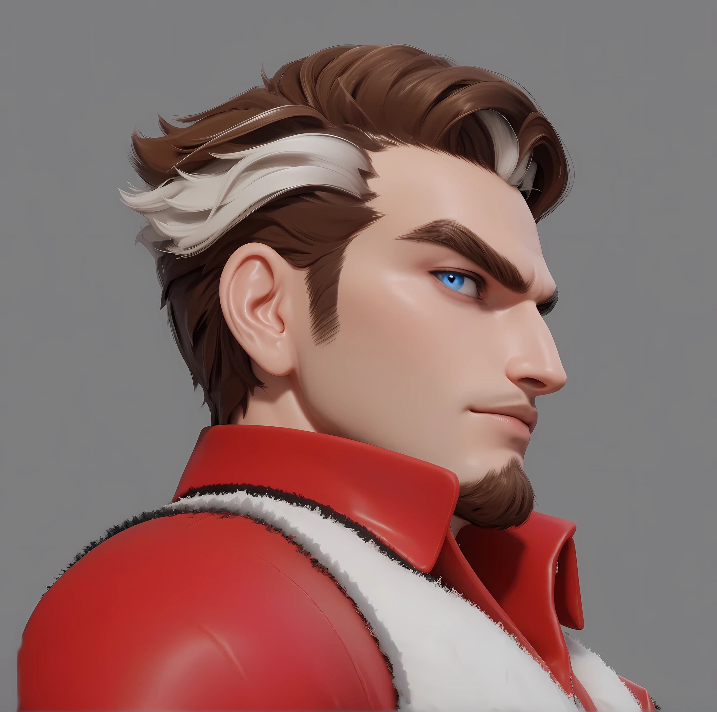 cartoon character,man, Italian mafia image , brown hair ,A tuft of white hair above the ear, blue pupils, More pupil details ,A brown beard on the chin , fierce and serious expression ,UE5 Rendering,3D Rendering,Cartoon shading,3D Model