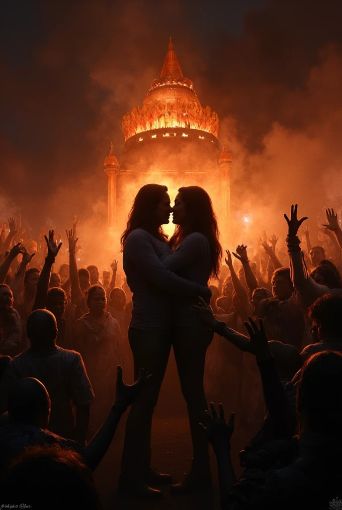 Indian mob surrounding her kissing and cuddling and smooching at night. Behind them temple is on fire 