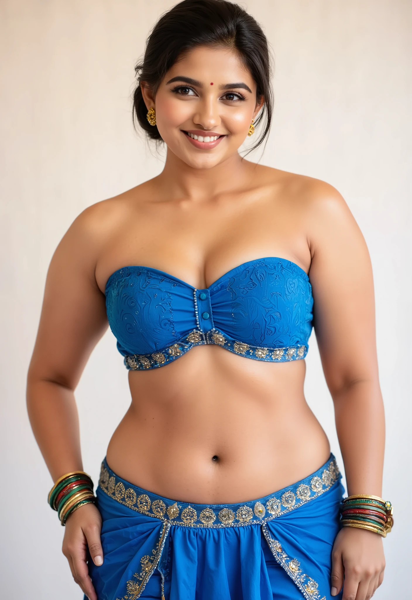 A 40-year-old busty Indian woman stands confidently, her short hair styled in an elegant updo, and a radiant smile directed toward the viewer. She is wearing blue strapless bra, paired with a matching blue draped bottom piece featuring an embellished waistband. Her midriff and toned waist are visible, highlighting her curvy figure. Adorned in traditional Indian jewelry, including gold dangling earrings, colorful bangles, and a small bindi on her forehead, she exudes elegance and charm.