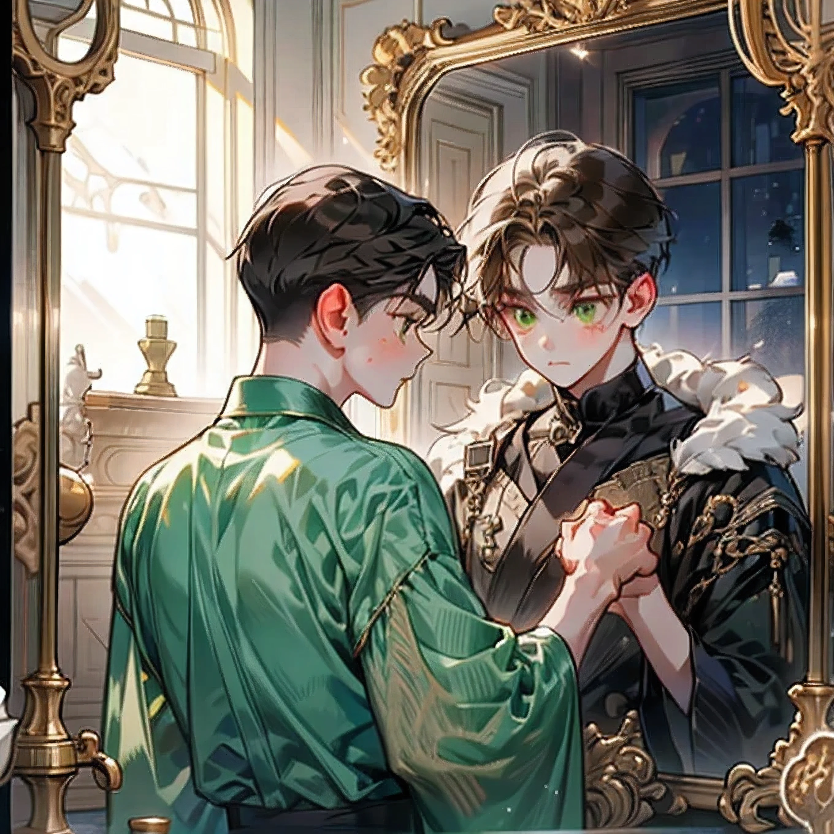 Two boys, one with black hair and green eyes , with nightwear . the other with colored clothes , brown hair , light brown eyes. The two are on different sides of a mirror. One side is in the daytime , and on the other side of the reflection the night . The scene takes place in the boy's bedroom in pajamas , who, when looking in the mirror, sees the other boy , happier on the other side . They're on "opposites" sides of the mirrors facing each other. Young boys. ((defined image)), (( high resolution )), ((focus)), ((quality)), ((Two boys))