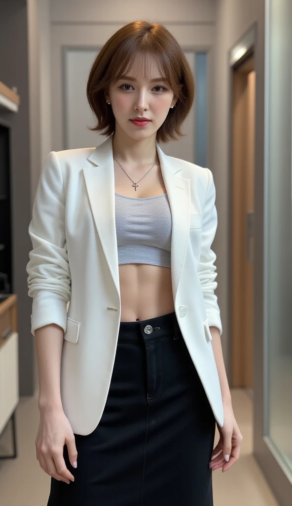 An office lady , standing facing forward,  using a strict formal blazer of white, unbuttoned blazer, do not use a shirt ,  using a long fishtail model skirt to the toe of a black color, underwearless,  using a cross necklace 