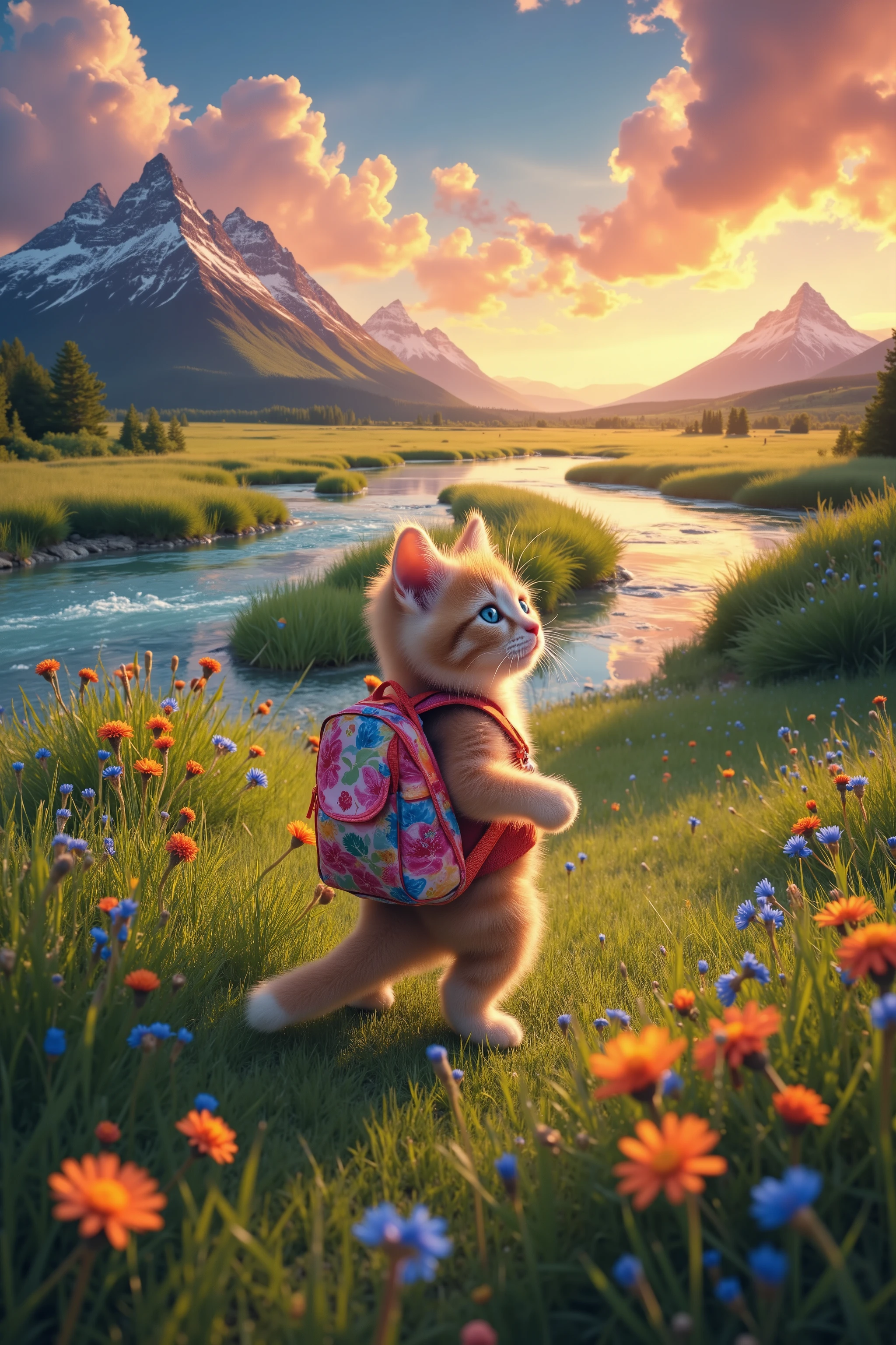 A whimsical and heartwarming illustration of an adorable kitten with fluffy fur and big, sparkling eyes. The kitten is wearing a small, colorful backpack, perfectly sized for its petite frame, as it embarks on a grand adventure. The setting is a breathtaking fantasy world filled with vibrant landscapes: a lush meadow dotted with glowing flowers, a crystal-clear river winding through the scene, and distant majestic mountains under a vivid sunset sky. The atmosphere is magical and inviting, with tiny glowing fireflies and floating dandelion seeds adding a sense of wonder. The kitten is looking ahead with curiosity and excitement, embodying the spirit of exploration and innocence.