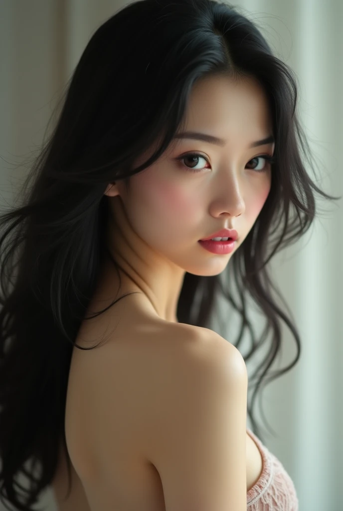 Semi-long hair down to the collarbone、high resolution、A transparent Japanese woman、Ima-ish、Elegant、White Shirt、looking at the camera、body is angled、smile、Moist and shiny hair、Thready hair、cute、Brown Hair、Beautiful young woman who looks like a model、Leaning against a wall、Big eyes、Glossy makeup、Outline of an inverted triangle、Pulp lips、face is slanted４５Every time、Straight hair that fits the face、The tips are heavy、Beige sheer top that covers the chest、Hide your chest、Attractive features、Big eyes、Outward layer style、Do not curl the ends of your hair.、Beautiful woman