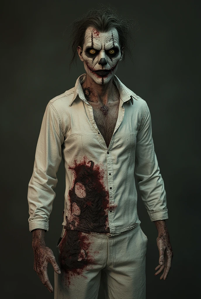 fictional scary male creature with glowing white eyes has a scary smile with sharp teeth has a fit athletic physique wears no shirt is holding a knife , in cum bedroom scenario at night , light coming through the window , front view , 4K , best qualityer , high détail , Masterpiece artwork