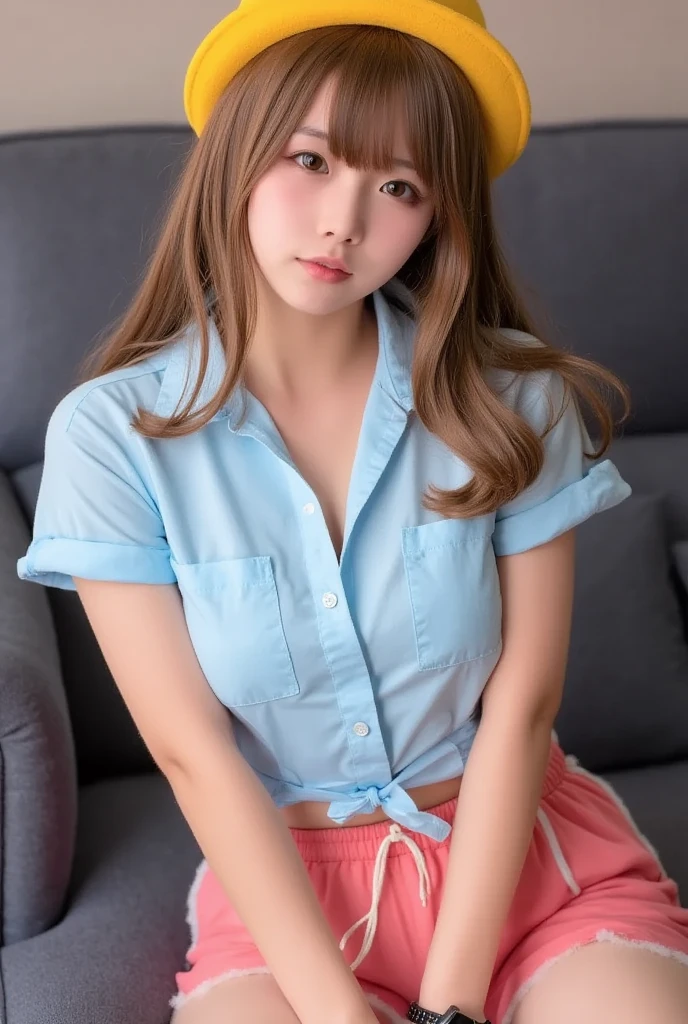 (Skin blemishes:1.2),1womanl, 21years old, (((femele))), (Skindentation), a gorgeous, realisitic, top-quality, Photorealsitic, masterpiece, 8K, hight resolution, extra detailed face, passport photo, fullface, (profetional lighting、bokeh dof), (light particules、lensflare、Luminous particles:0.6)、(dynamicposes:1.2)、Soft lighting、Top Angle View、Fashionable and trendy atmosphere、((Look at viewers))、 (looking in camera)、(portlate:0.6)、is standing、close up of face、(middlebreasts:1)、(The long-haired)、masterpiece, top-quality, Hi-Res, girl with, Wear a large hoodie、Denim skirt, a miniskirt, jewely, 耳Nipple Ring, Bedroom background、Pink bed、