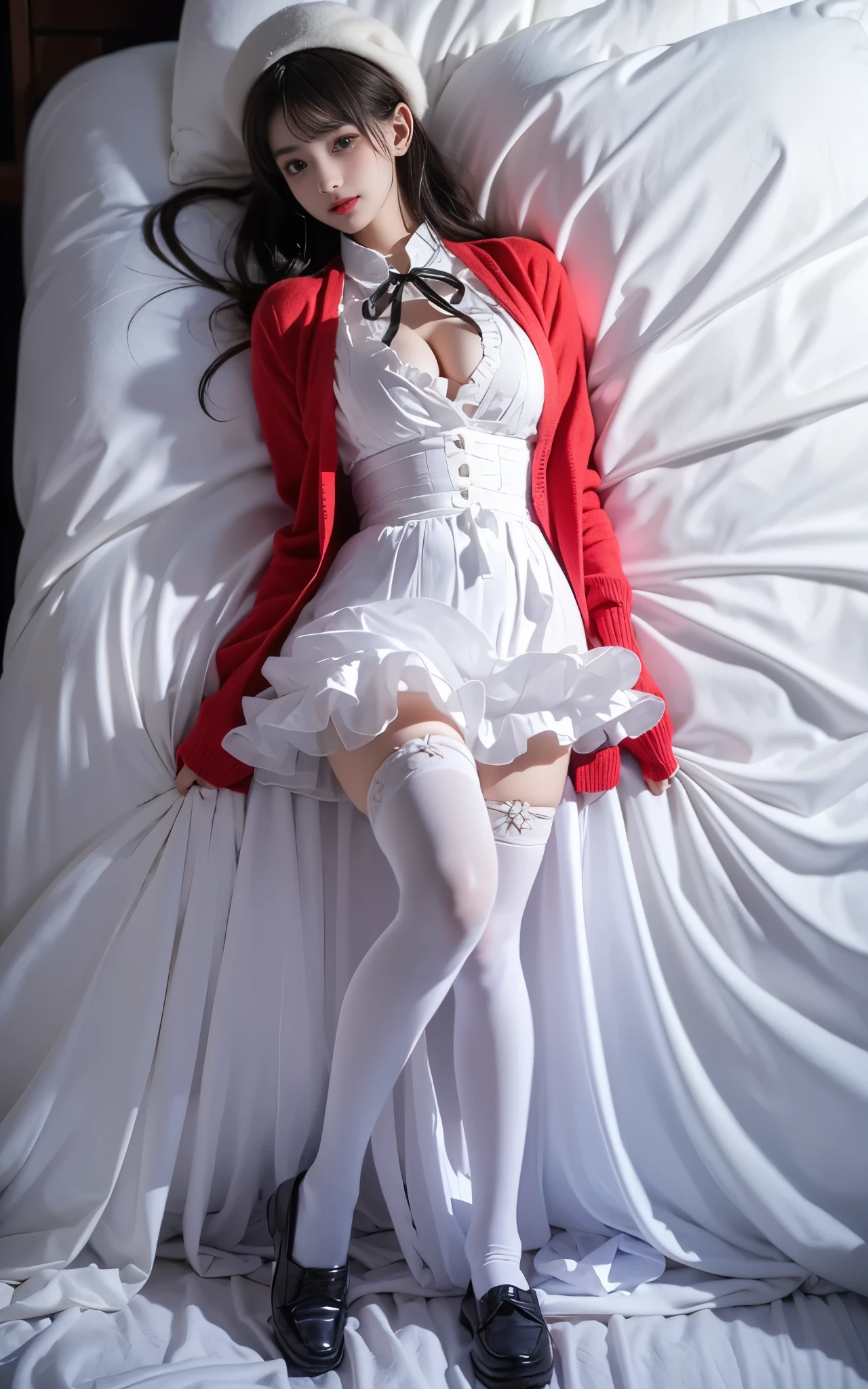 kato megumi, 1girl, solo, katou megumi, cosplay,
white hat,frills thighhighs, dress, cardigan, skirt,long sleeves,blue neck ribbon,beret, headwear, open cardigan,red cardigan, frilled trim, loafers,
short hair, blunt bangs, bob cut,  ,(full body:1.4), ((Portrait-oriented, focusing on the subject's body above the calves)), (I-type Valley), (Full breasts, visible cleavage), (Large breasts), (Very short hemline, revealing smooth thighs), Realistic beautiful woman, sexy long-legged model, lying on bed, propping up upper body with elbow, one leg stretched out straight while other leg bent at knee pointing upward. soft natural makeup, and her hair spreads naturally on the bed. Photorealistic lighting and shadows, high detail, 4K resolutio