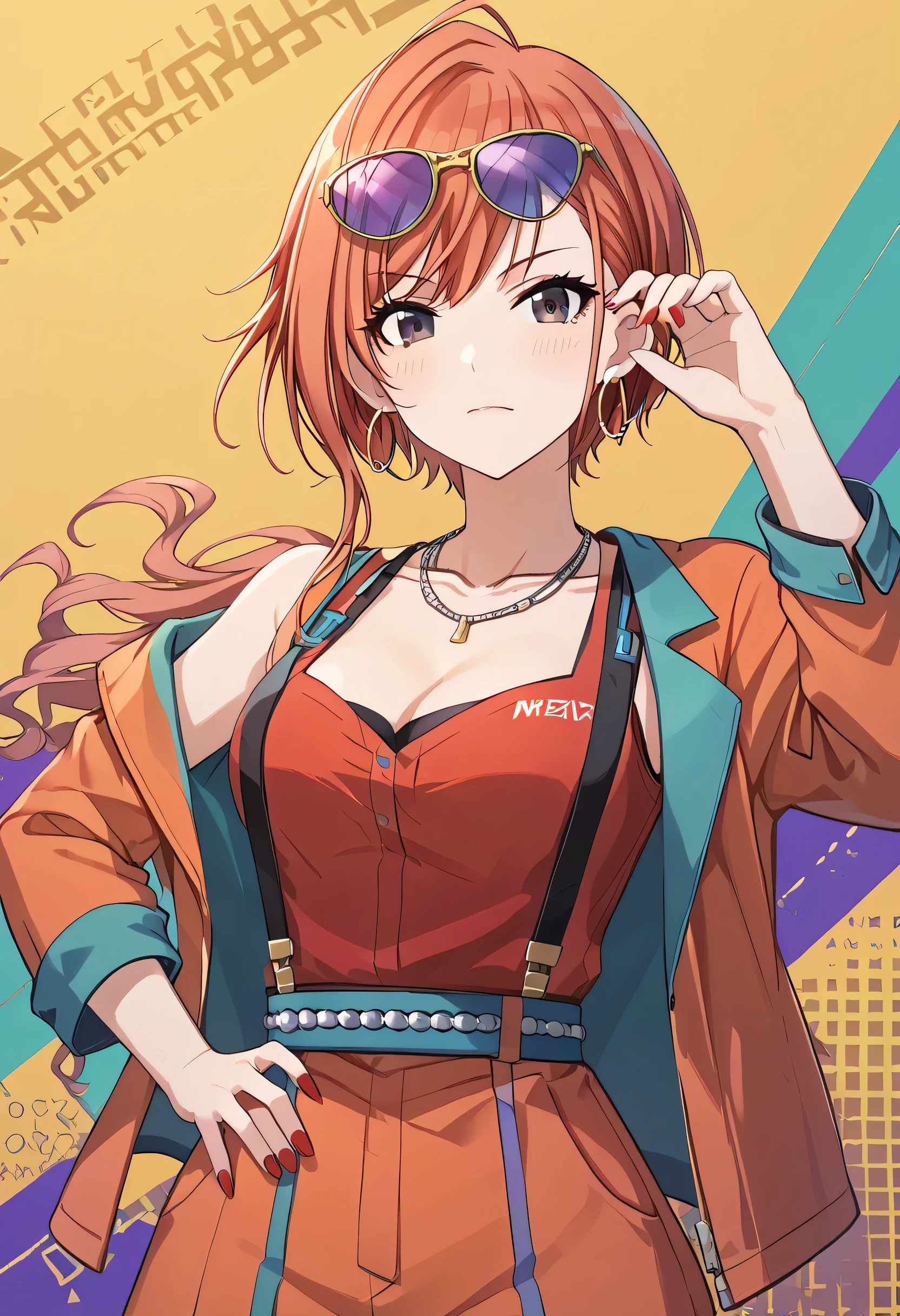 (masterpiece),(best quality),(ultra-detailed),(best illustration),(best shadow),(absurdres),(detailed background),(very aesthetic)natsuha arisugawa, bangs, ahoge, red hair, orange hair, black eyes, large breasts,1girl, solo, looking at viewer, blush, short hair, long sleeves, closed mouth, cleavage, jewelry, medium breasts, collarbone, open clothes, belt, off shoulder, necklace, nail polish, orange hair, open jacket, sunglasses, suspenders, red shirt, eyewear on head, red nails, hoop earrings, adjusting eyewear, orange shirt, orange jacket