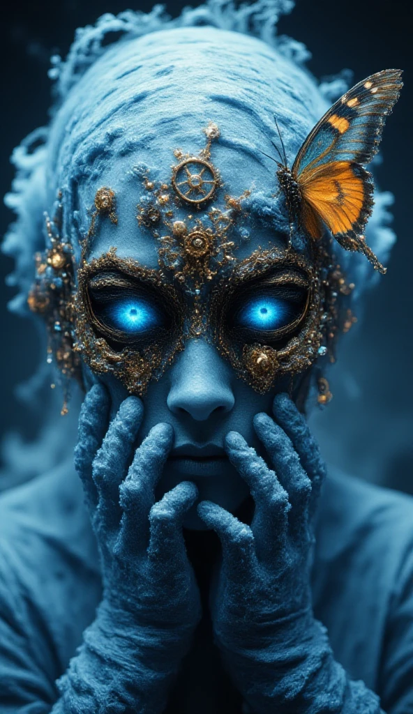 (best quality, 128k,highres,masterpiece:1.2),ultra-detailed,(realistic,photorealistic,photo-realistic:1.37), ((masterpiece)) ((photography)) ((Highest quality)) an ethereal portrait of a mysterious figure with an intricate, steampunk-inspired mask made of gears, cogs, and delicate filigree. The mask features sparkling blue eyes and is adorned with a vibrant butterfly resting on top. The figure has gloved hands positioned in front of their face, suggesting a sense of intrigue and allure. The background should be softly lit, enhancing the dreamy atmosphere with shades of blue and hints of metallic textures. The overall mood should evoke a sense of fantasy and enchantment, capturing the fusion of technology and nature.