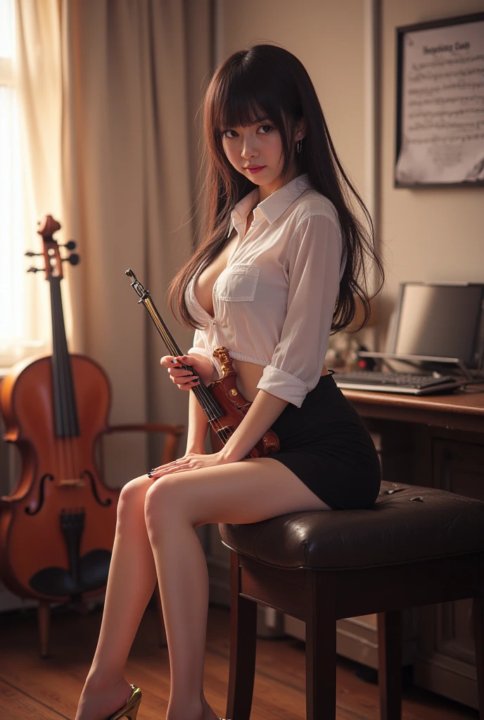 Anime girl with violin in short skirt and shirt, Anime moe art style, seductive anime girls, Extremely detailed Artgerm, (Anime girl), Anime girl, Anime girls, Kantai collection style, anime best girl, Beautiful anime girl, beautiful and seductive anime woman, clean and meticulous anime art, Beautiful anime sexy girl, high definition anime art，huge tit，Blush，3girl
