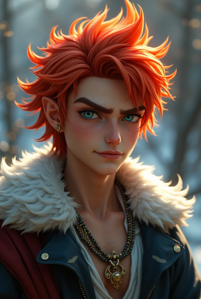 Real life adaption of this character , handsome face, same spiky hair, muscular man body,(realistic same outfit),realistic scenery background , realistic light, realistic shadow, realism, hyper realistic,(photorealistic:1.2), normal small eyes, normal hand,there  a little bird on his Shoulders,5 finger