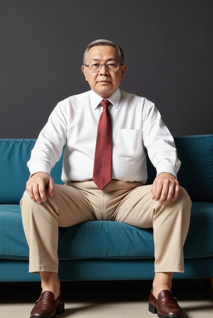 raw 4k photo, full body view, a 78 year japanese old mature man, looking straight at viewer, medium build body, slight fat, short thinning hair, gray/black hair, wearing silver framming glasses, clean shaven, wearing white shirt and tie, a hugging tight dark beige colour trousers, brown loafer shoe, sat on a big black leather sofa in his modern architecture livingroom, Dark gray colour wall background, face looking straight at viewer, spread legs wide open, showing his small bulge, highly detailed bulge, large testicles print outline, highly detailed bulge with penis print outline, sat on a big turqoise colour sofa in his modern architecture livingroom, face looking straight at viewer, spread legs wide open, showing his small bulge, highly detailed bulge with large scortum print outline and highly detailed bulge with penis print outline, shp highly detailed, exceptional realism, bright lighting, hyper realistic,, highly detailed, exceptional realism, highly detailed, hyper realistic 