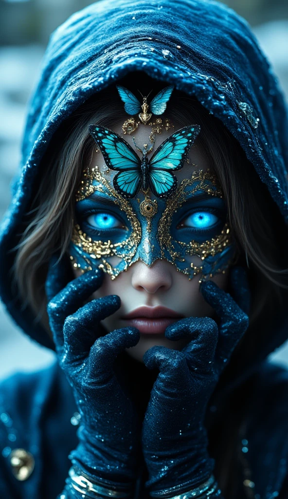 (best quality, 128k,highres,masterpiece:1.2),ultra-detailed,(realistic,photorealistic,photo-realistic:1.37), ((masterpiece)) ((photography)) ((Highest quality)) an ethereal portrait of a mysterious figure with an intricate, steampunk-inspired mask made of gears, cogs, and delicate filigree. The mask features sparkling blue eyes and is adorned with a vibrant butterfly resting on top. The figure has gloved hands positioned in front of their face, suggesting a sense of intrigue and allure. The background should be softly lit, enhancing the dreamy atmosphere with shades of blue and hints of metallic textures. The overall mood should evoke a sense of fantasy and enchantment, capturing the fusion of technology and nature.