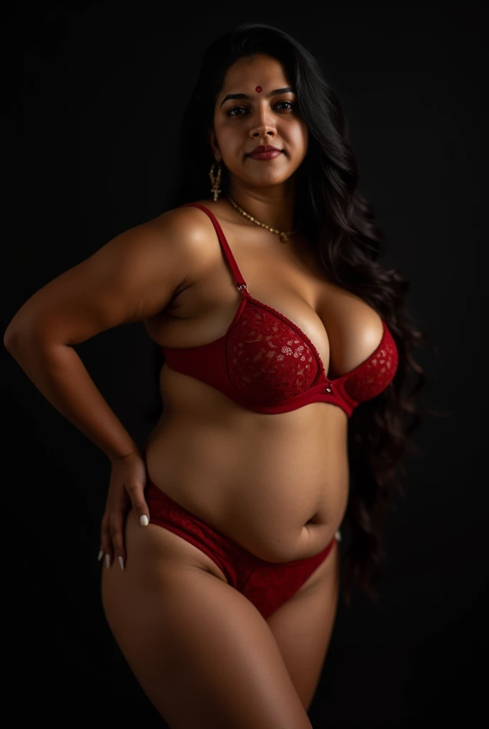 Latine lingerie rouge, brune, Cheveux mi-courts, slightly wavy hair, grosse poitrine naturelle, huge breasts, belles fesses, grosses fesses