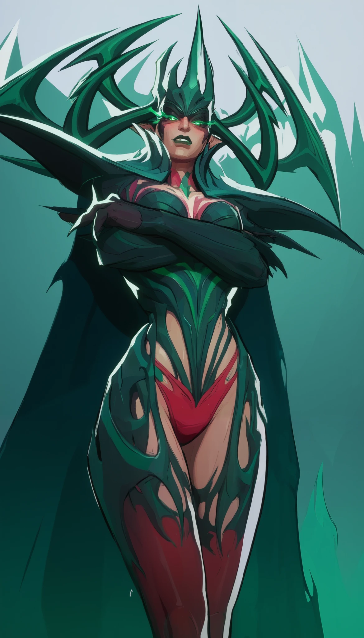 score_9, score_8_up, score_7_up, score_6_up, expressiveh, hela_rivals, 1girl, solo, green eyes, glowing eyes, helmet, spiked helmet, cape, flaming cape, green cape, green details, green lips, claws, shoulder armor, sweating, wet body, dripping water, oiled up skin, shiny skin, sexy pose, seductive, flirting, looking at viewer, sexy lingerie suspenders, sexy red panties, sexy red stockings, sexy red panties, sexy red stockings, standing, arms crossed, from below, bottom view, looking down at viewer, angry, blushing, teeth visible, upper body, volcano, lava, fire, nighttime, midnight, full moon, moonlit illumination