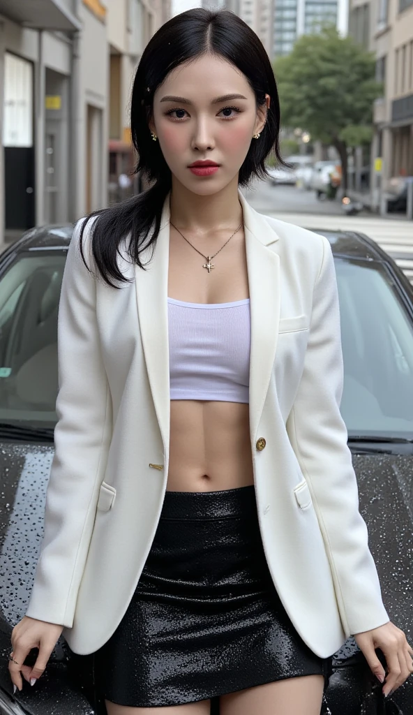 a rainy office lady, whole body and wet clothes ,sitting on top of a car , Facing front, use a formal blazer in white, unbuttoned blazer, do not use a shirt ,  using a long fishtail model skirt to the toe of a black color, underwearless,  using a cross necklace 