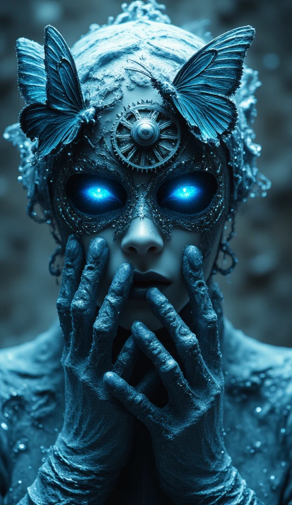 (best quality, 128k,highres,masterpiece:1.2),ultra-detailed,(realistic,photorealistic,photo-realistic:1.37), ((masterpiece)) ((photography)) ((Highest quality)) an ethereal portrait of a mysterious figure with an intricate, steampunk-inspired mask made of gears, cogs, and delicate filigree. The mask features sparkling blue eyes and is adorned with a vibrant butterfly resting on top. The figure has gloved hands positioned in front of their face, suggesting a sense of intrigue and allure. The background should be softly lit, enhancing the dreamy atmosphere with shades of blue and hints of metallic textures. The overall mood should evoke a sense of fantasy and enchantment, capturing the fusion of technology and nature.