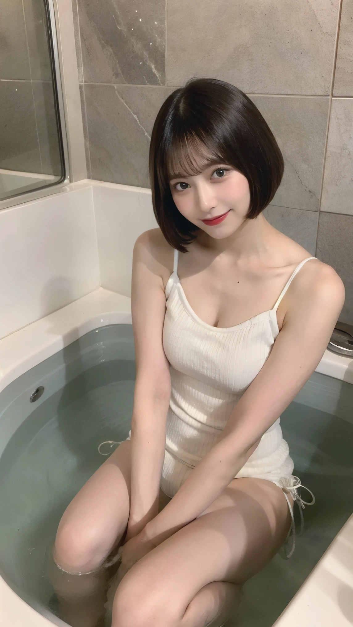 ((top-quality)),(masterpiece:1.4),Raw photography、8K,((Top image quality)),((hight resolution)),Beautiful face in every detail,Gentle expression,(One lady:1.3 ),realisitic,(rather short hair:1.4),(Beautuful Women),(cute Japanese girls:1.3),(boyish:1.3),((mannish)),((Pretty Woman)),(Beautiful hair),((dark brown hair)),With bangs,(((Red cheeks))),(Her eyes are big:1.3),20-year-old beauty,(her face is small:1.3 ),small head,(long neck:1.3),a necklace,Charismatic model,fashion modell, Squatting ,in the bath, micro bikini